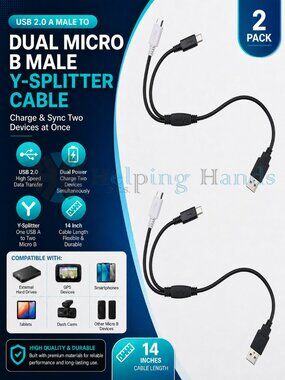 2 Micro USB Male - 2-in-1 Micro USB Y Splitter Cable - Charging, Data Sync Cable